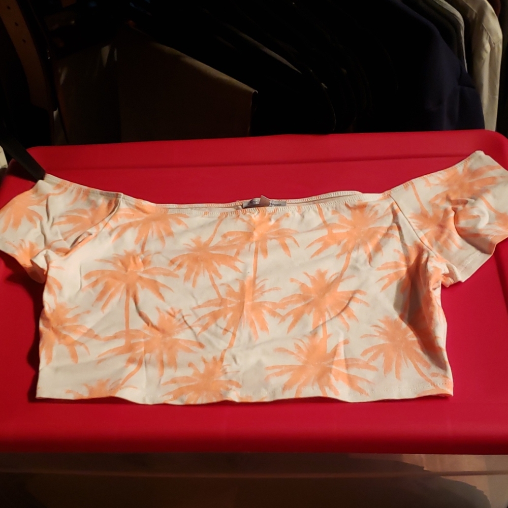 BOGO neon coral palm tree crop top